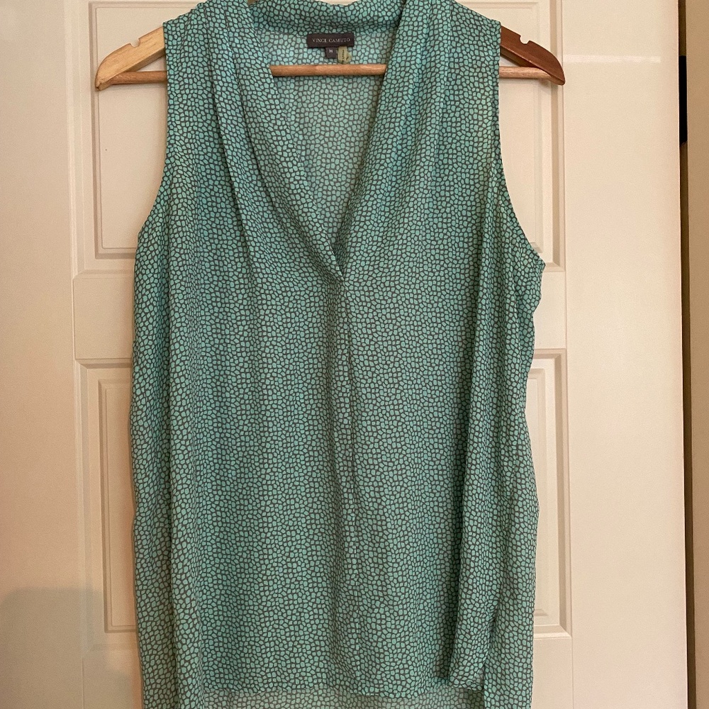 Vince Camuto Teal and Grey Polka-Dot Blouse, Size Medium